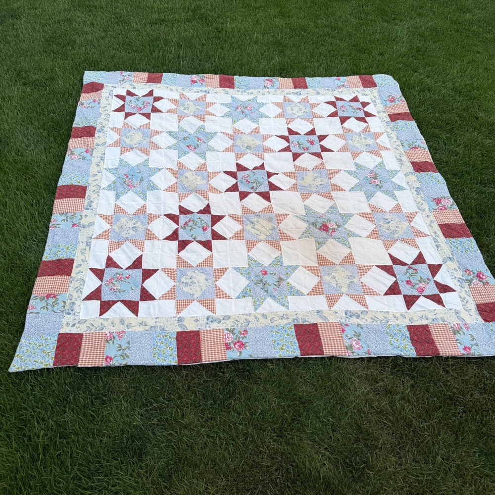 Handmade Patchwork Star Quilt Floral Gingham Cottagecore Farmhouse Red VTG 82x82